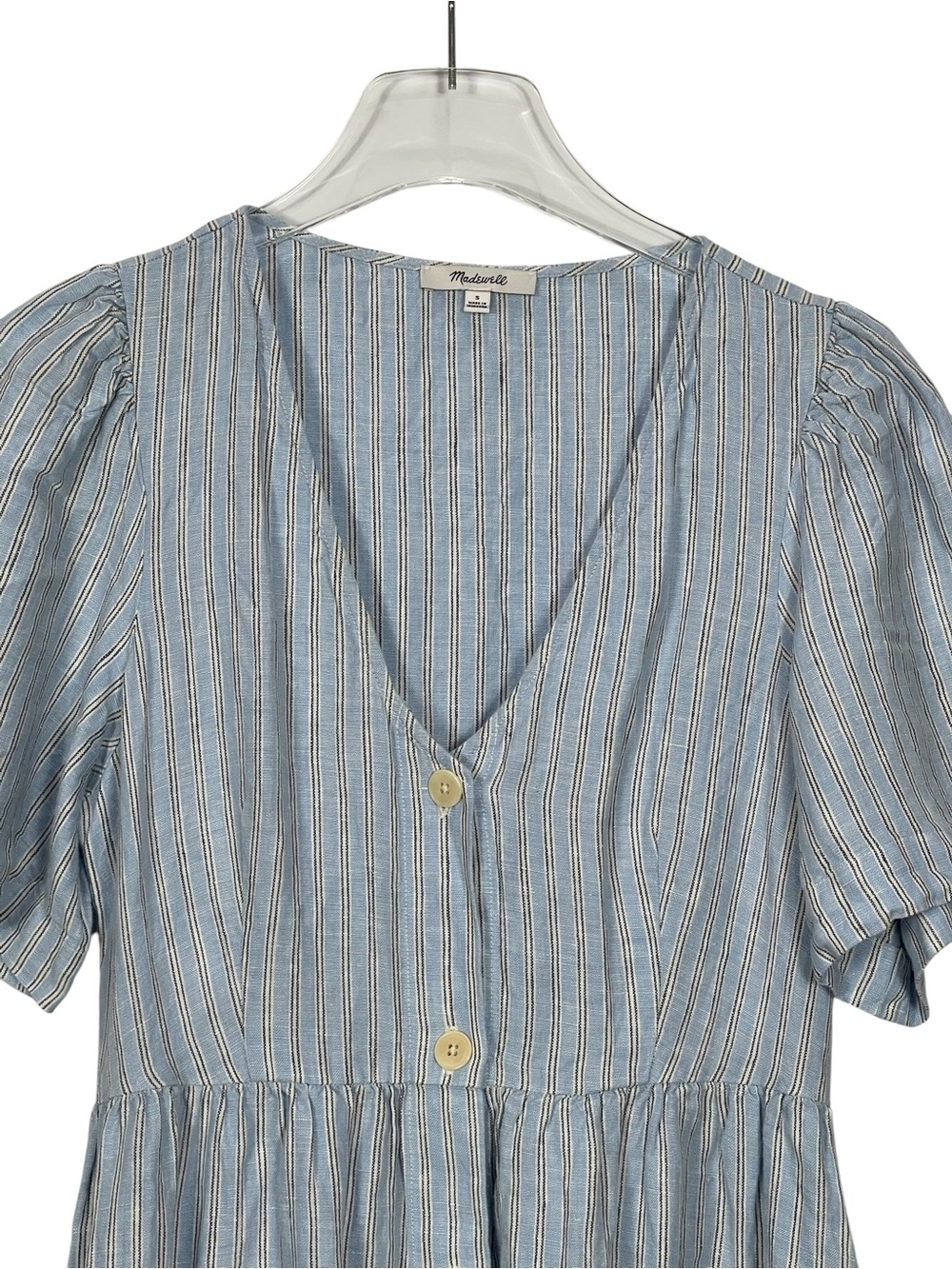 Madewell Cassie Button-Front Midi Dress 100% Linen Blue Striped Size Small - Picture 3 of 13